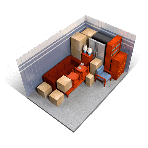 An example of a 10x15 storage unit holding boxes, furniture, appliances, and miscellaneous items.