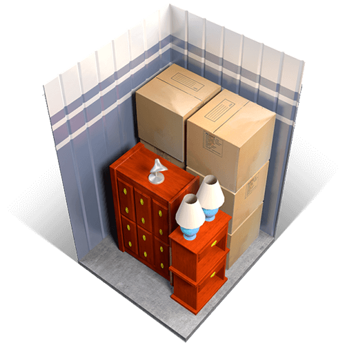 An example of a 5x5 storage unit holding boxes, small furniture, and miscellaneous items.